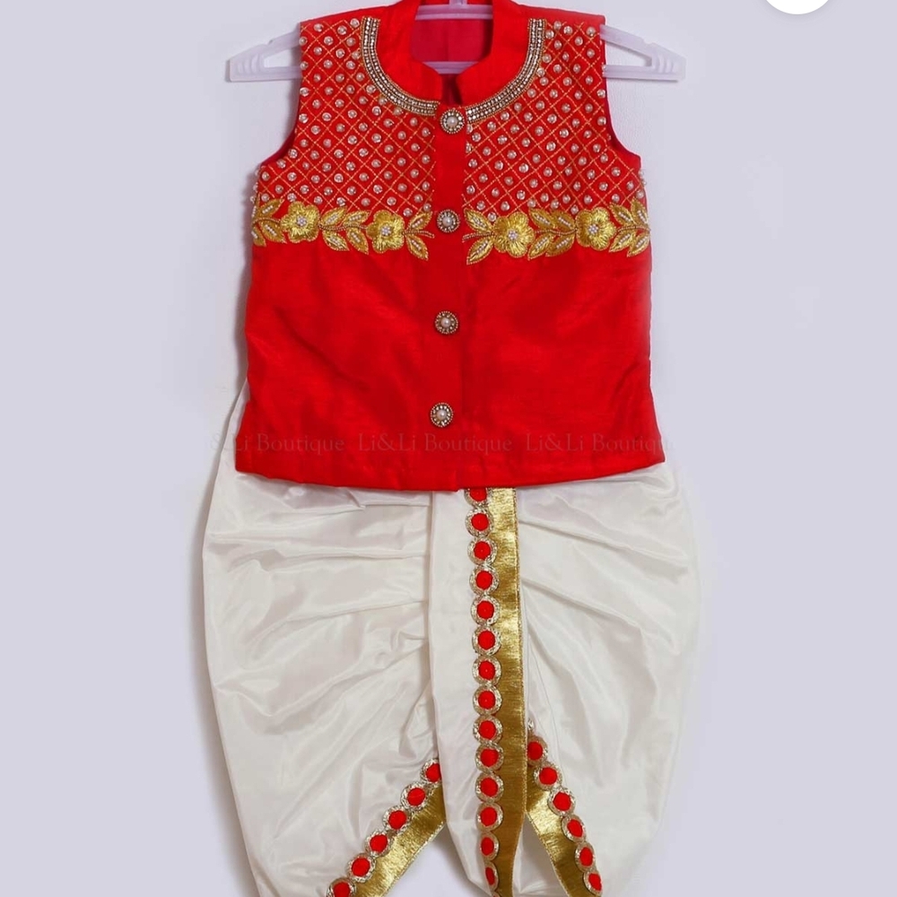 Baby Boy's Red Sleeveless Jacket And Ivory Dhoti With Zari Embroidery